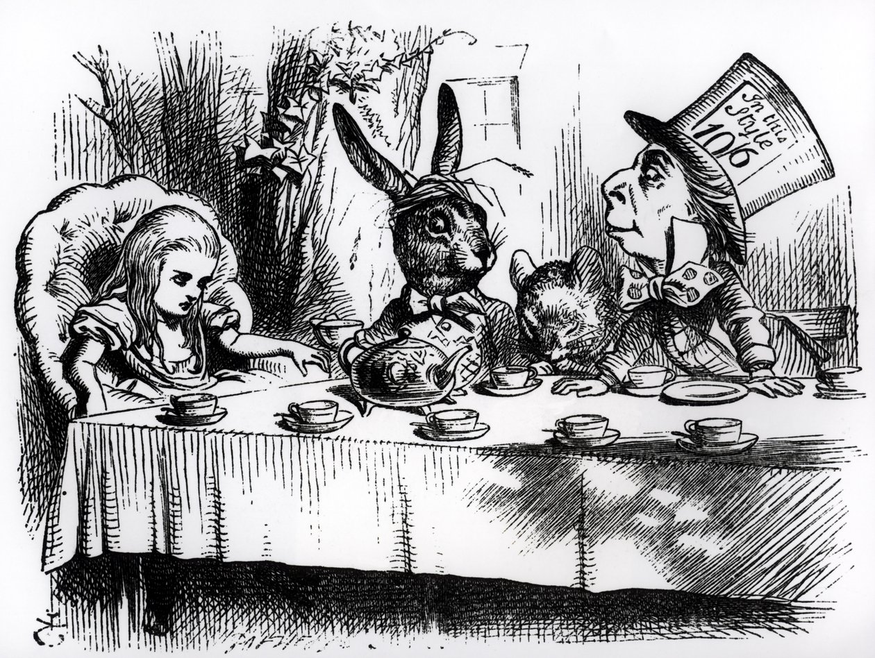 Herbatka Szalonego Kapelusznika, ilustracja z „Przygody Alicji w Krainie Czarów” Lewisa Carrolla autorstwa John Tenniel