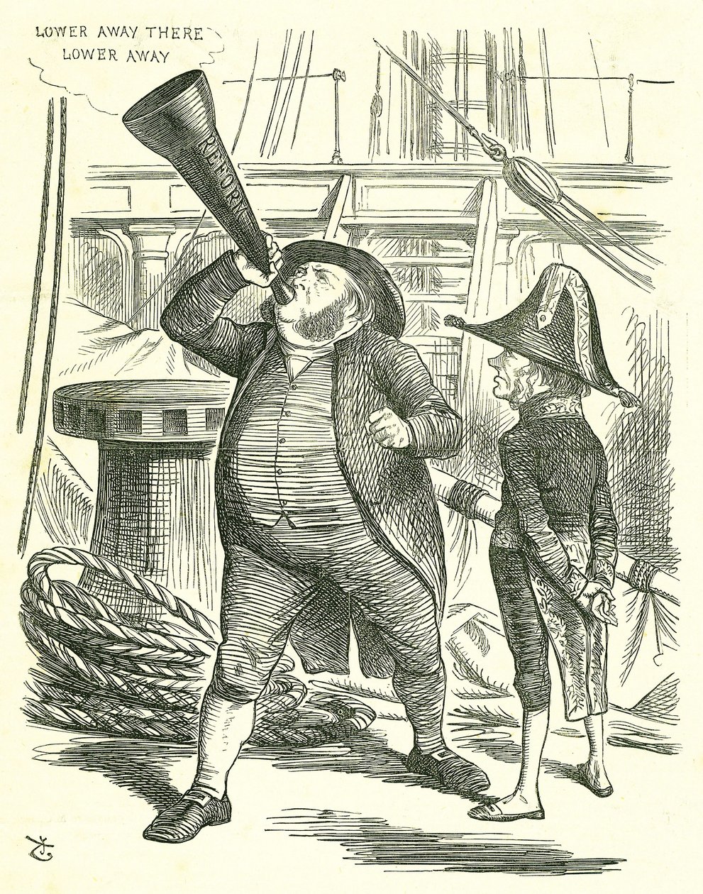 The Officious Passenger: Reforma Parlamentu - rozszerzenie franczyzy. Premier, lord John Russell, prosił Johna Brighta, by przestał trąbić o ustawie reformatorskiej. Russell pokonany przez parlament na podstawie ustawy reformatorskiej w maju 1866 r. John T autorstwa John Tenniel
