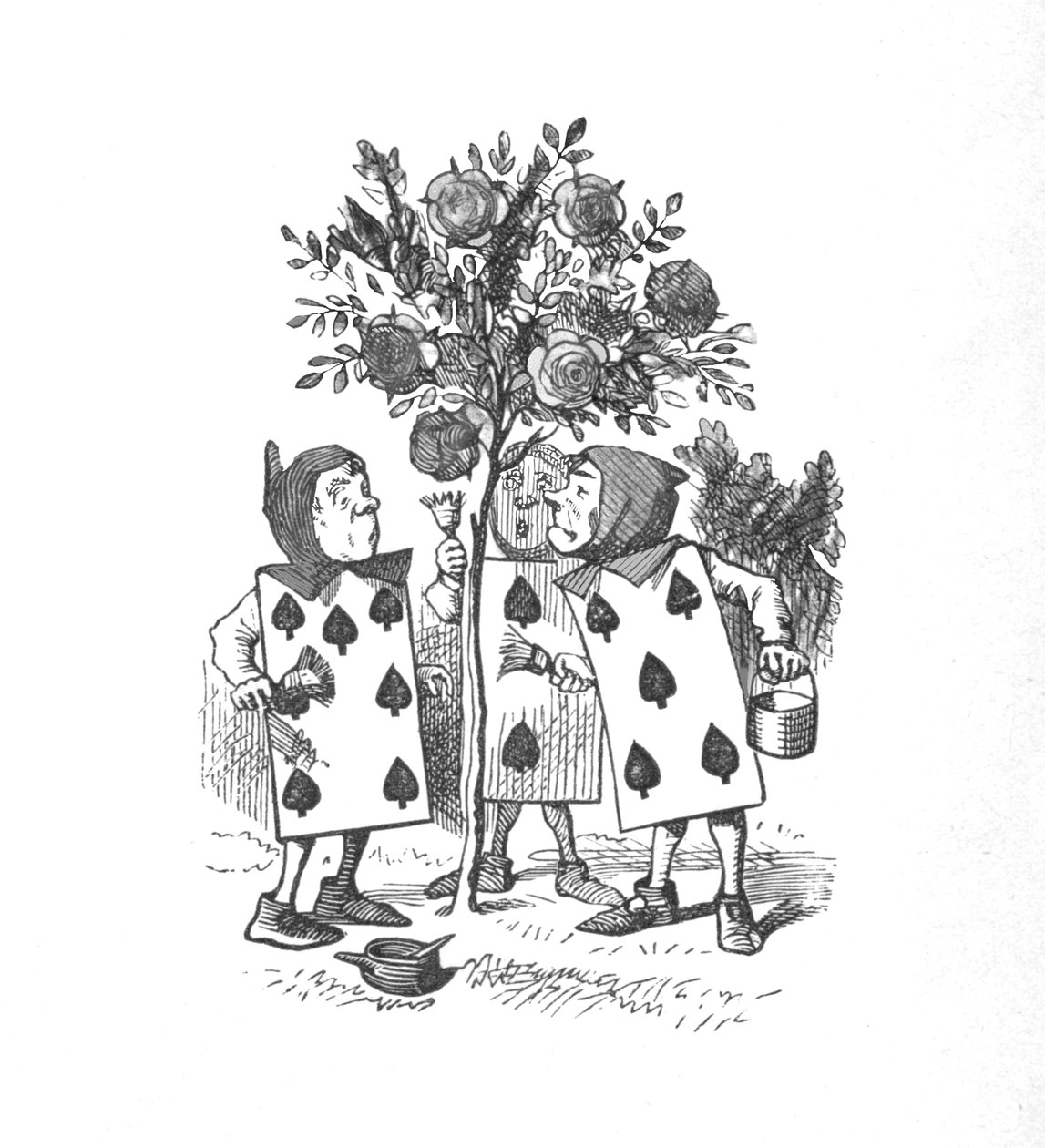 Karty do gry malujące krzaki róż, 1889 autorstwa John Tenniel