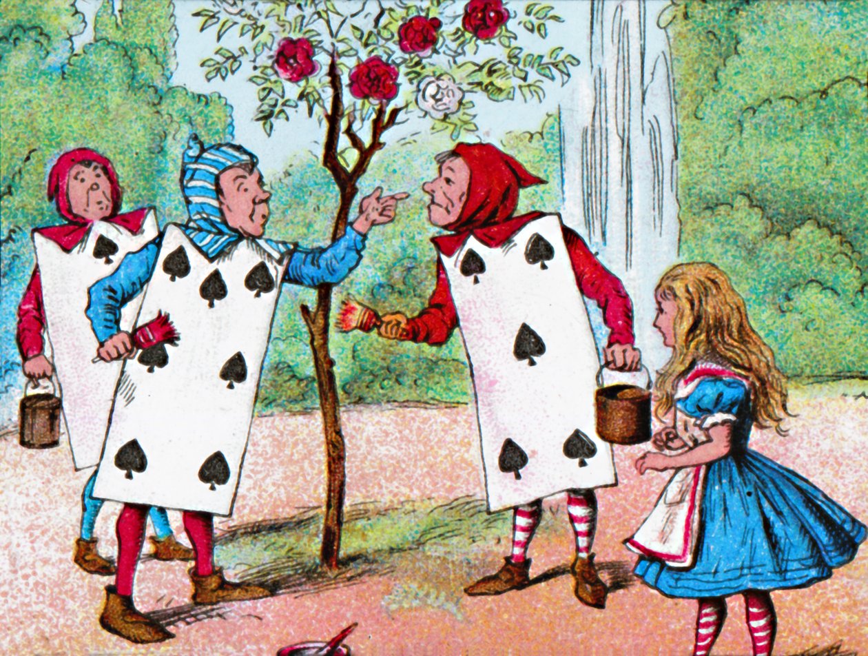 Karty do gry malujące krzaki róż, ok. 1910 r autorstwa John Tenniel