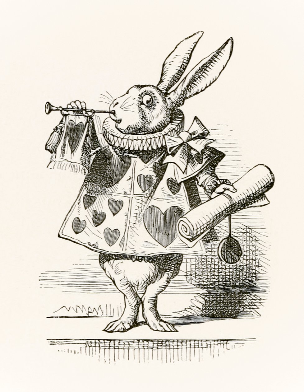 Biały Królik z trąbką i zwojem zwiastującym oskarżenie, z „Alicji w Krainie Czarów” Lewisa Carrolla opublikowanej po raz pierwszy w 1865 roku autorstwa John Tenniel