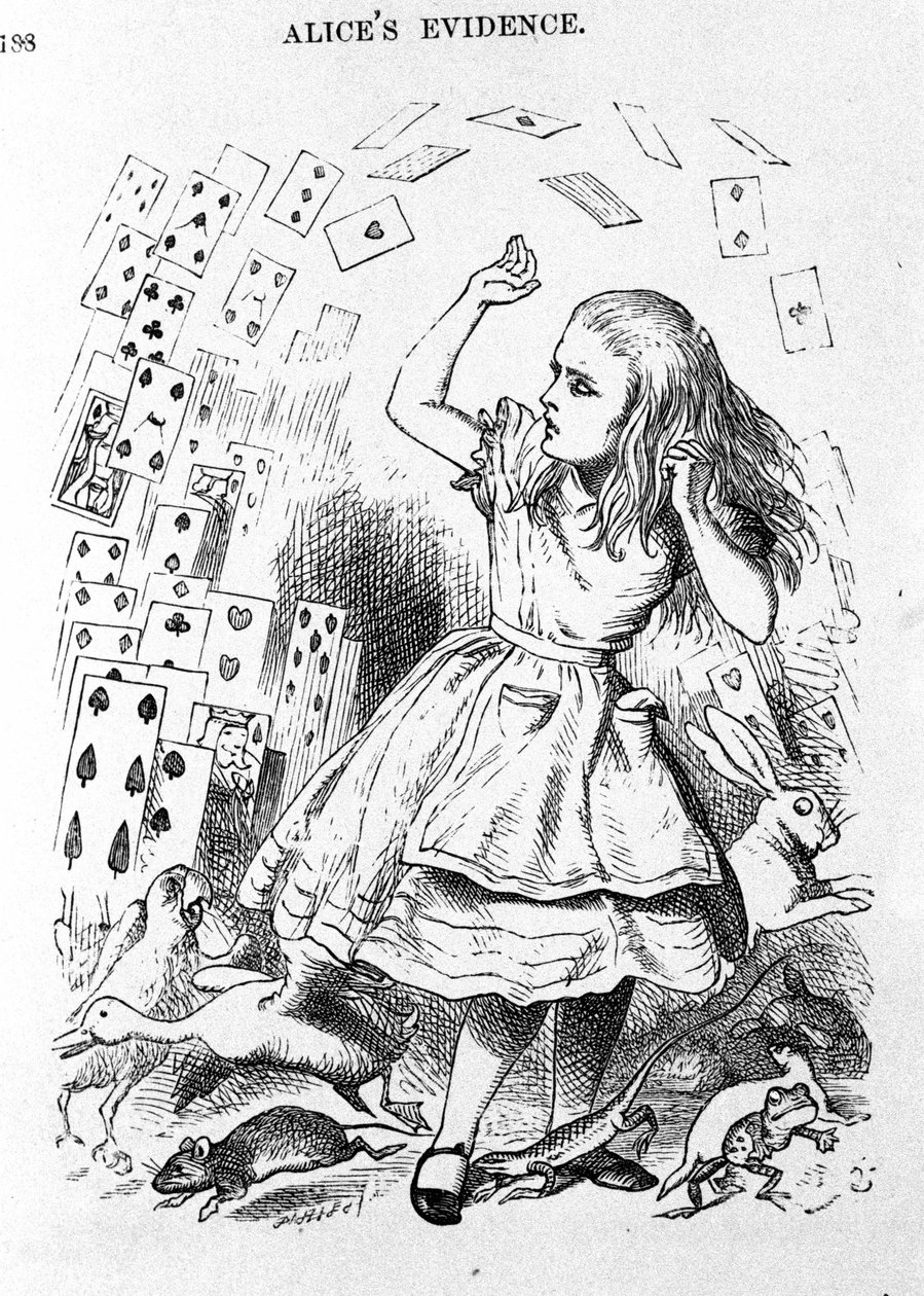 Karty do gry - w „Przedszkole” „Przygody Alicji w Krainie Czarów” Lewisa Carrolla, ilustracja do pierwszego wydania autorstwa Johna Tenniela (1820-1914) autorstwa John Tenniel
