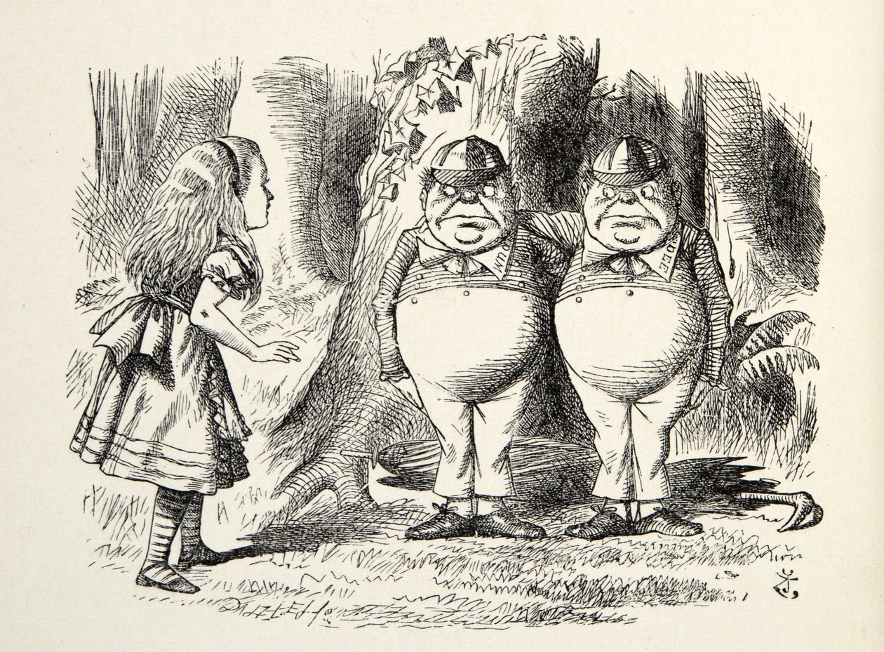 Tweedledum i Tweedledee, ilustracja z książki Po drugiej stronie lustra autorstwa Lewisa Carrolla (1832 - 98), 1872 autorstwa John Tenniel