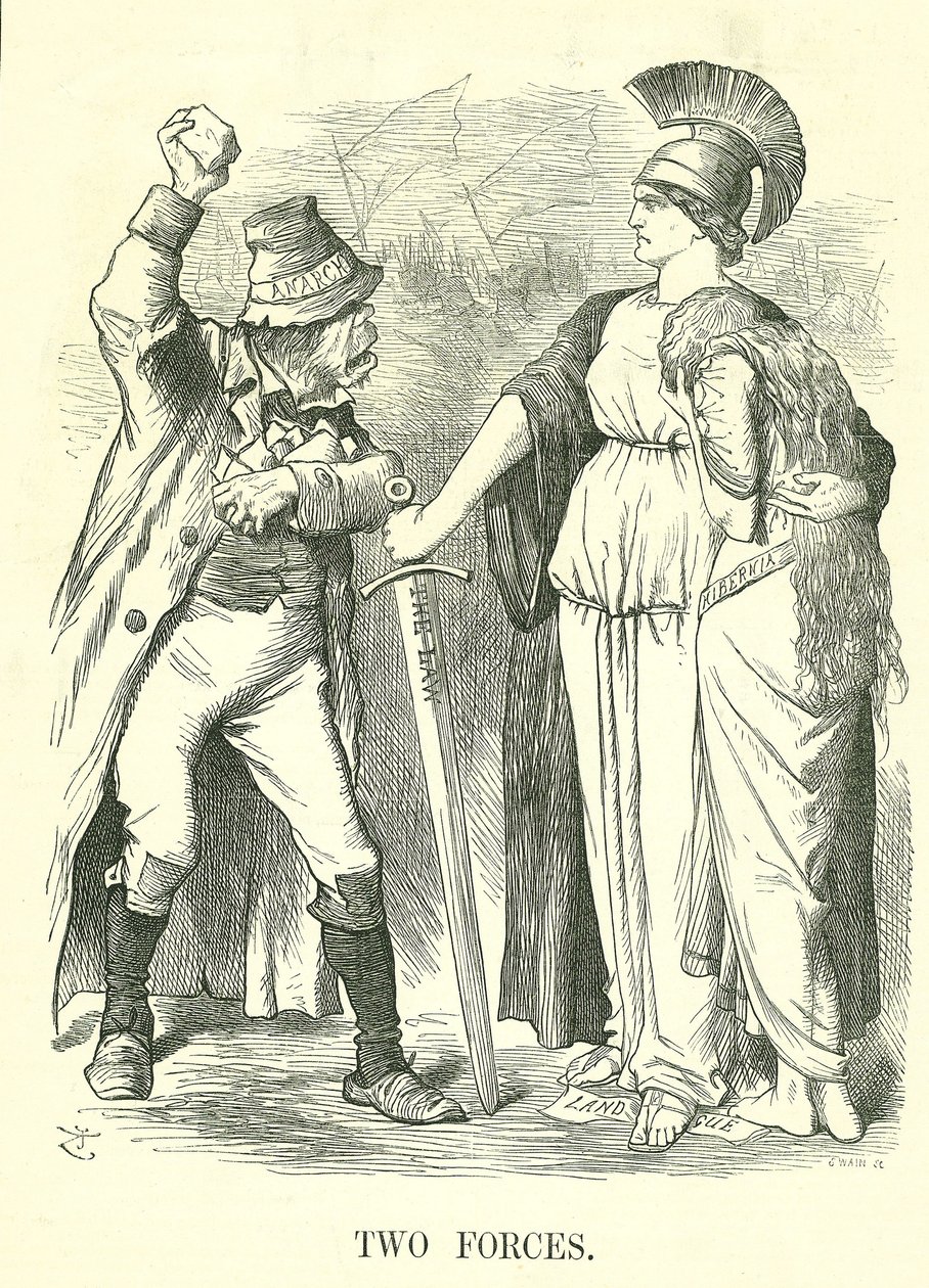 Dwie Siły: Irlandzka Liga Lądowa zabroniona. Britannia chroni Hibernię (Irlandia) Siłą Prawa przed Siłą Anarchii. Karykatura Johna Tenniela z Punch, Londyn, 29 października 1881 r. autorstwa John Tenniel