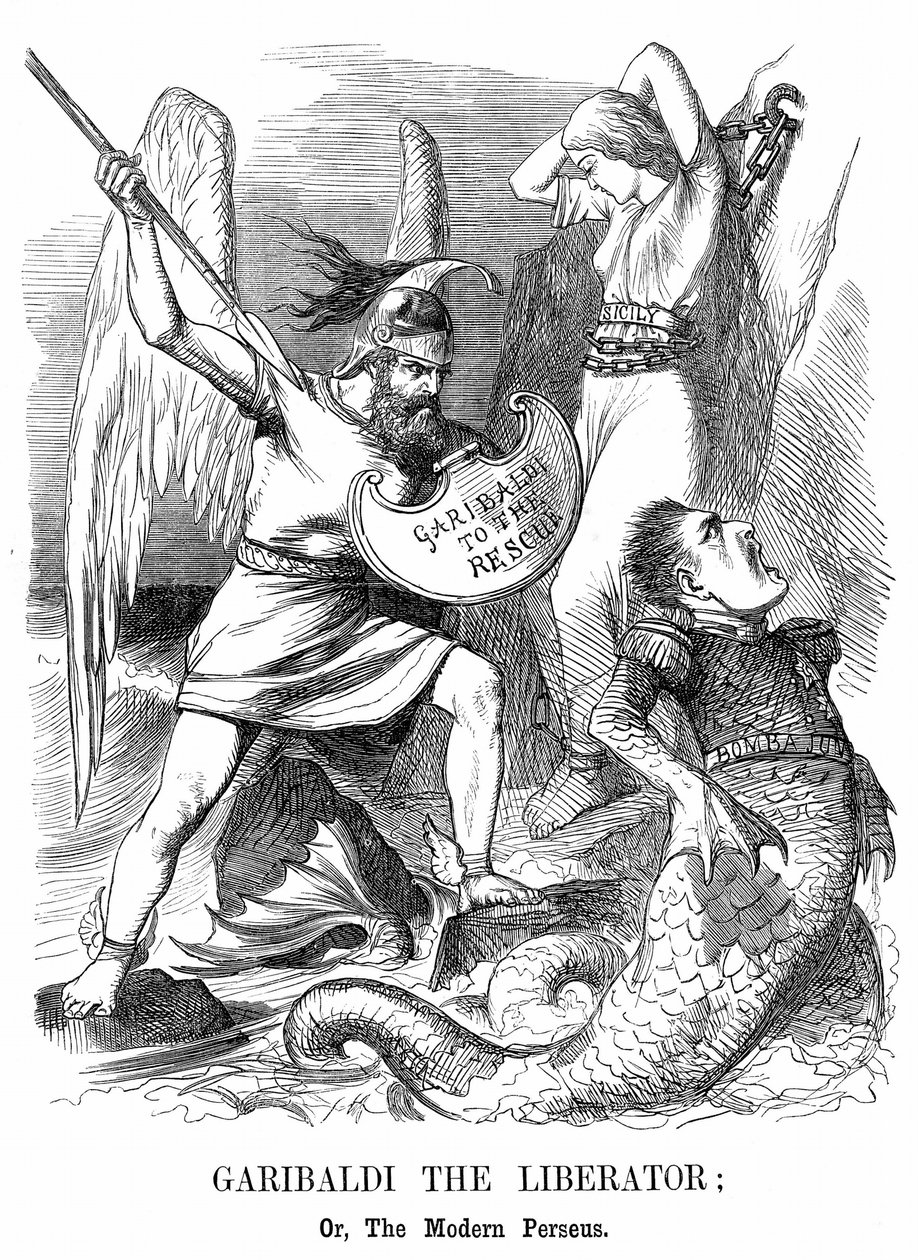 Zjednoczenie Włoch: Giuseppe Garibaldi (1807-1882), włoski patriota, podbija Sycylię i Neapol w imieniu nowego królestwa Włoch. Kreskówka Johna Tenniela z Punch w Londynie autorstwa John Tenniel
