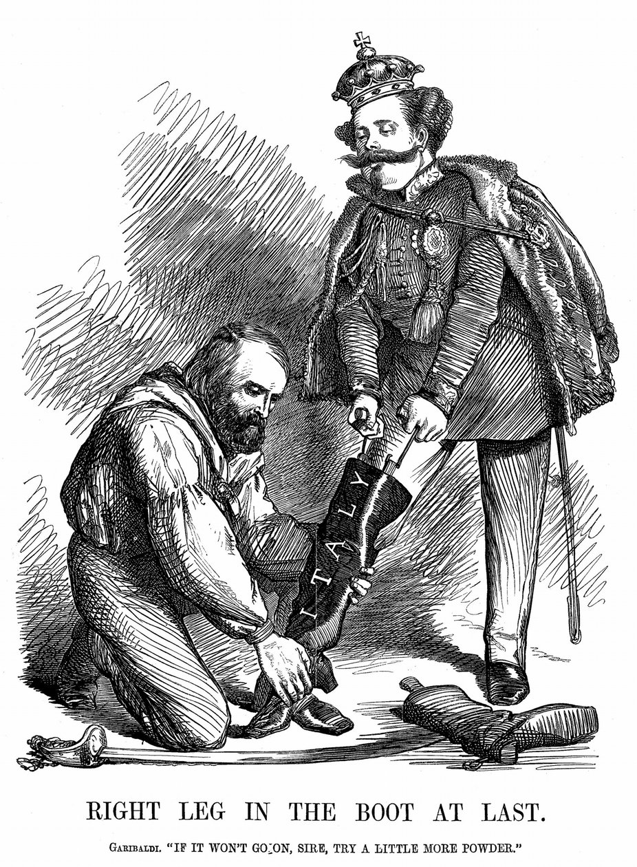 Zjednoczenie Włoch: Giuseppe Garibaldi (1807-1882) pomaga Wiktorowi Emanuelowi II (1820-78) założyć włoski but. Kreskówka Johna Tenniela z Punch w Londynie autorstwa John Tenniel