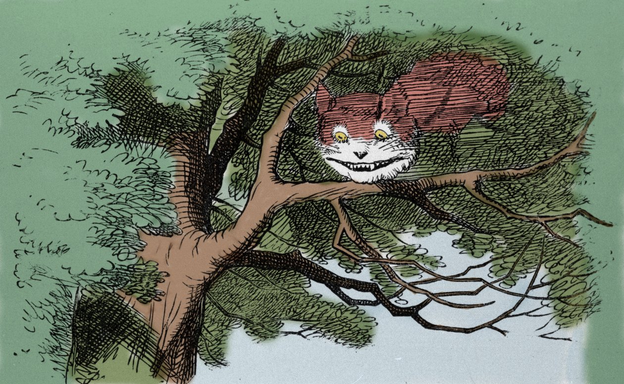 fragment: Alicja i kot, ilustracja sir Johna Tenniela do pierwszego wydania bajki Alicja w Krainie Czarów angielskiego pisarza Lewisa Carrolla (Charles Lutwidge Dodgson) (1832-1898). autorstwa John Tenniel