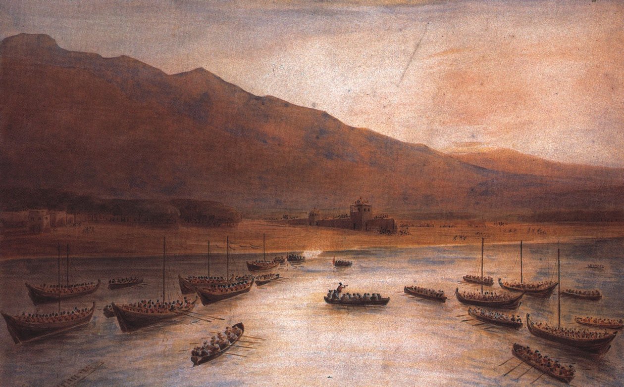 Brytyjskie wojska lądujące w Ras Al Khaimah w 1809 r., autor: J. Thirtle autorstwa John Thirtle