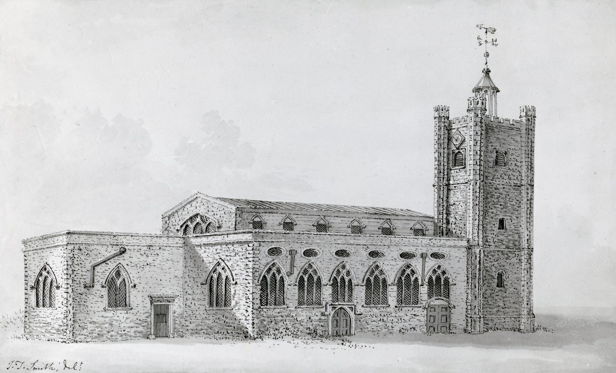 Stary kościół św Idziego, ok.1718 (rycina) autorstwa John Thomas (after) Smith