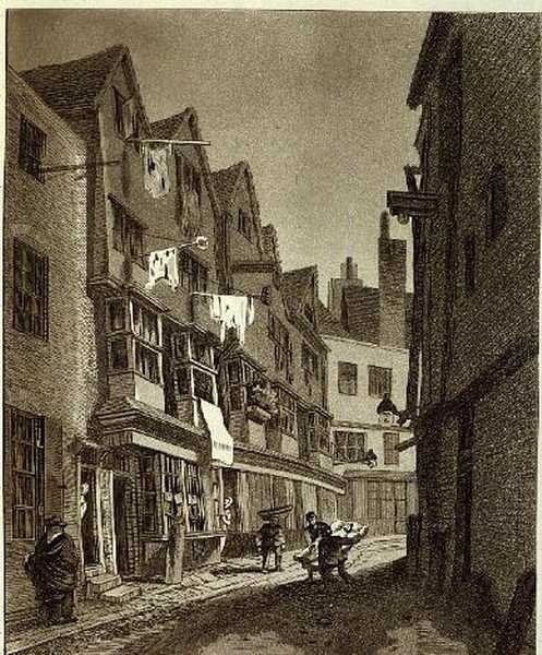 „Widok na Southern Extremity of Thieving Lane (w późnych latach nazwany Bow Street)...”, narysowany w 1807 r., ryty przez W.M. Stypendyści, wyd. 1807 (grawerowanie) autorstwa John Thomas (after) Smith