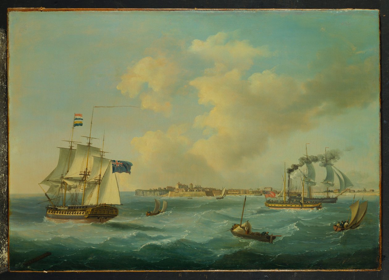 44-działowa fregata, pasażerski parowiec wiosłowy i inne statki z portu St.Peter, Guernsey, 1825 autorstwa John Thomas Serres