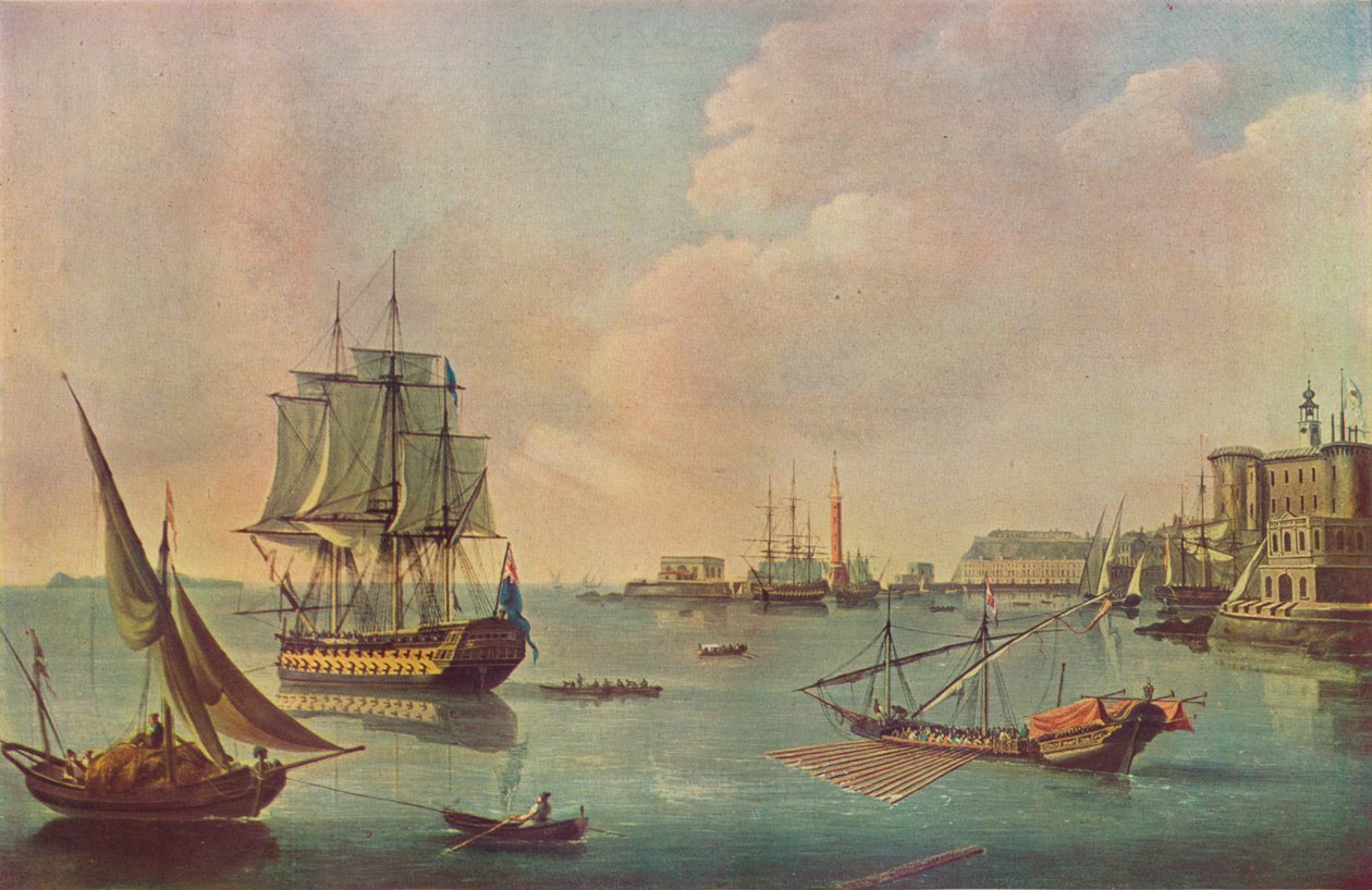 Angielska wojna mężczyzn w porcie na Malcie w porcie na Malcie, ok. 1805 r. autorstwa John Thomas Serres