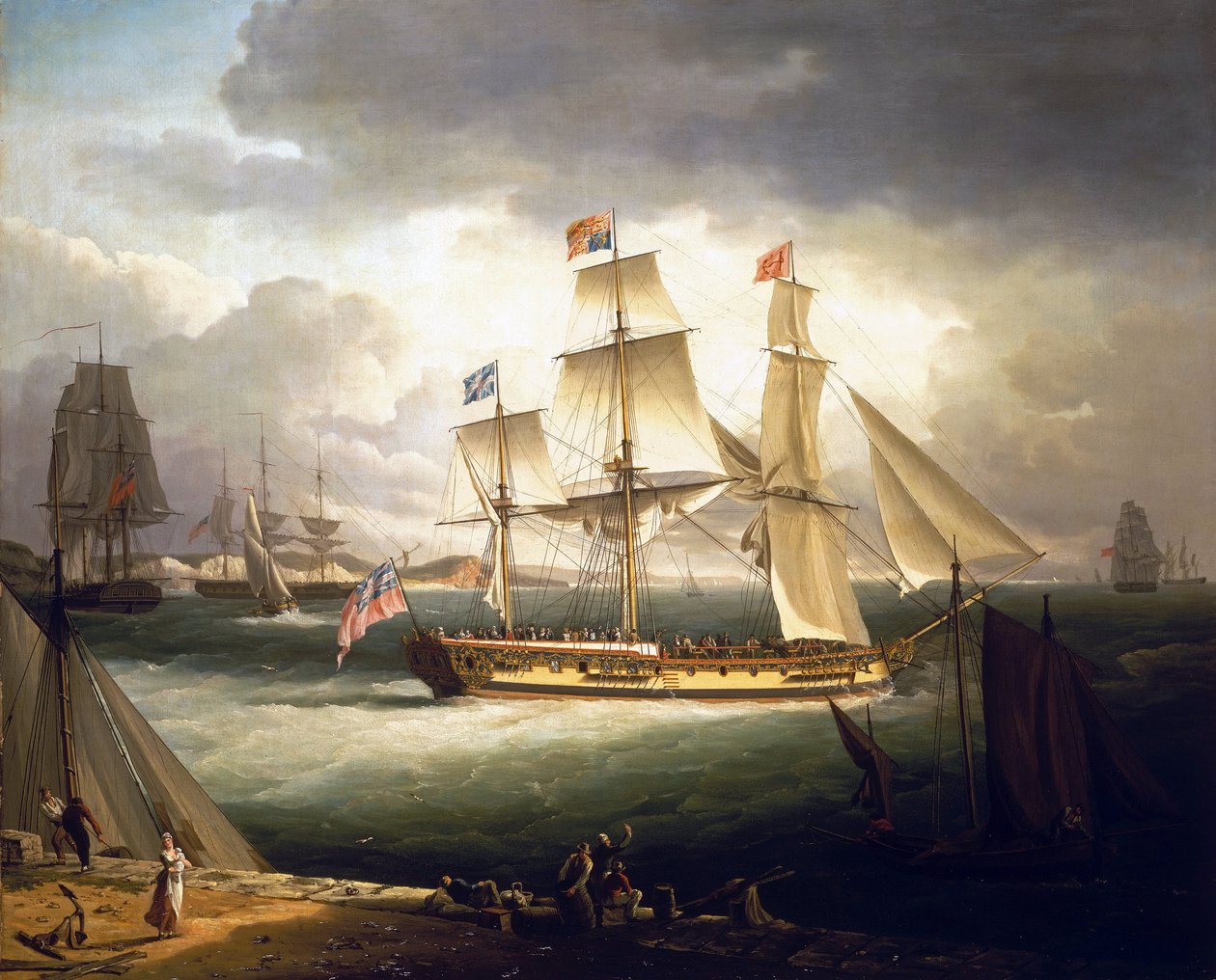 "Royal Sovereign", królewski jacht, zakotwiczony u wybrzeży portu autorstwa John Thomas Serres