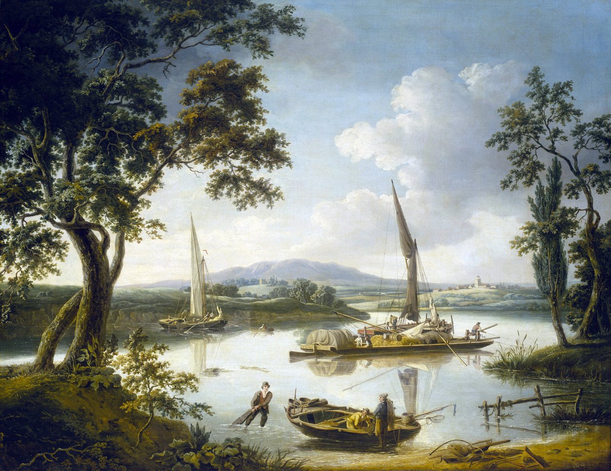 Widok na Tamizę w Shillingford (Anglia), z opactwem Dorchester na horyzoncie. Olej na płótnie autorstwa John Thomas Serres