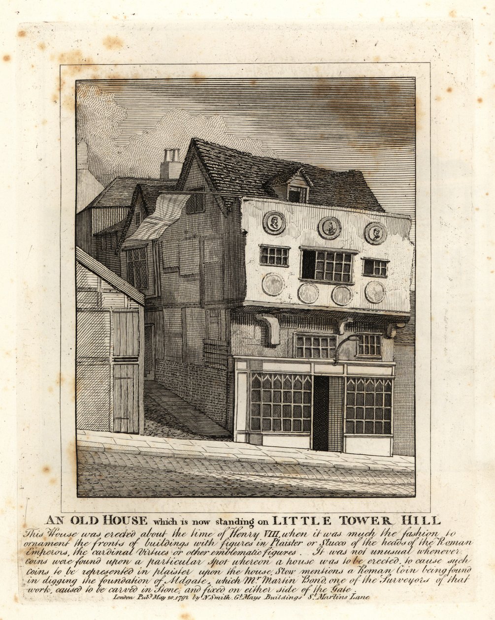 Stary dom Tudorów stojący na Little Tower Hill w Londynie autorstwa John Thomas Smith