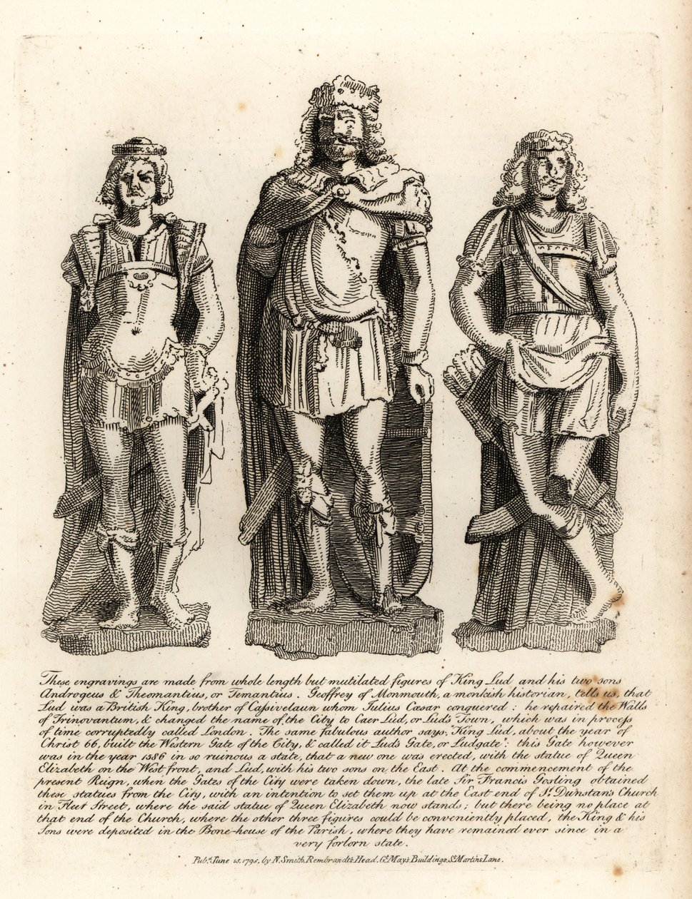 Brytyjski król Lud i jego synowie Angrogeus i Theomantius (Temantius), naprawca murów Trinovantum, później Caer Lud lub Lud’s Town, 66AD autorstwa John Thomas Smith
