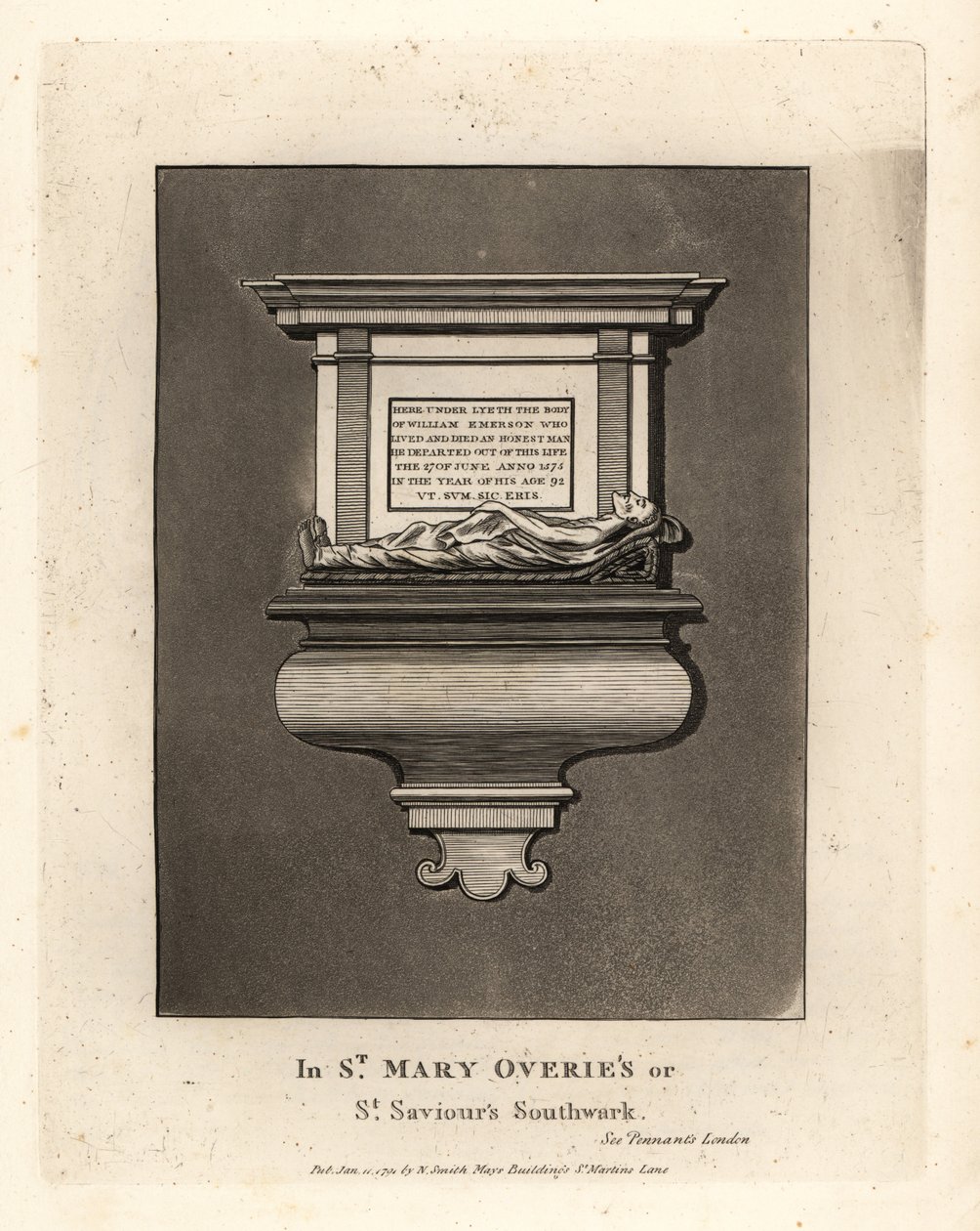 Nagrobek i pomnik uczciwego człowieka Williama Emersona, zm. 1575, w St Mary Overie’s lub St Saviour’s Southwark autorstwa John Thomas Smith