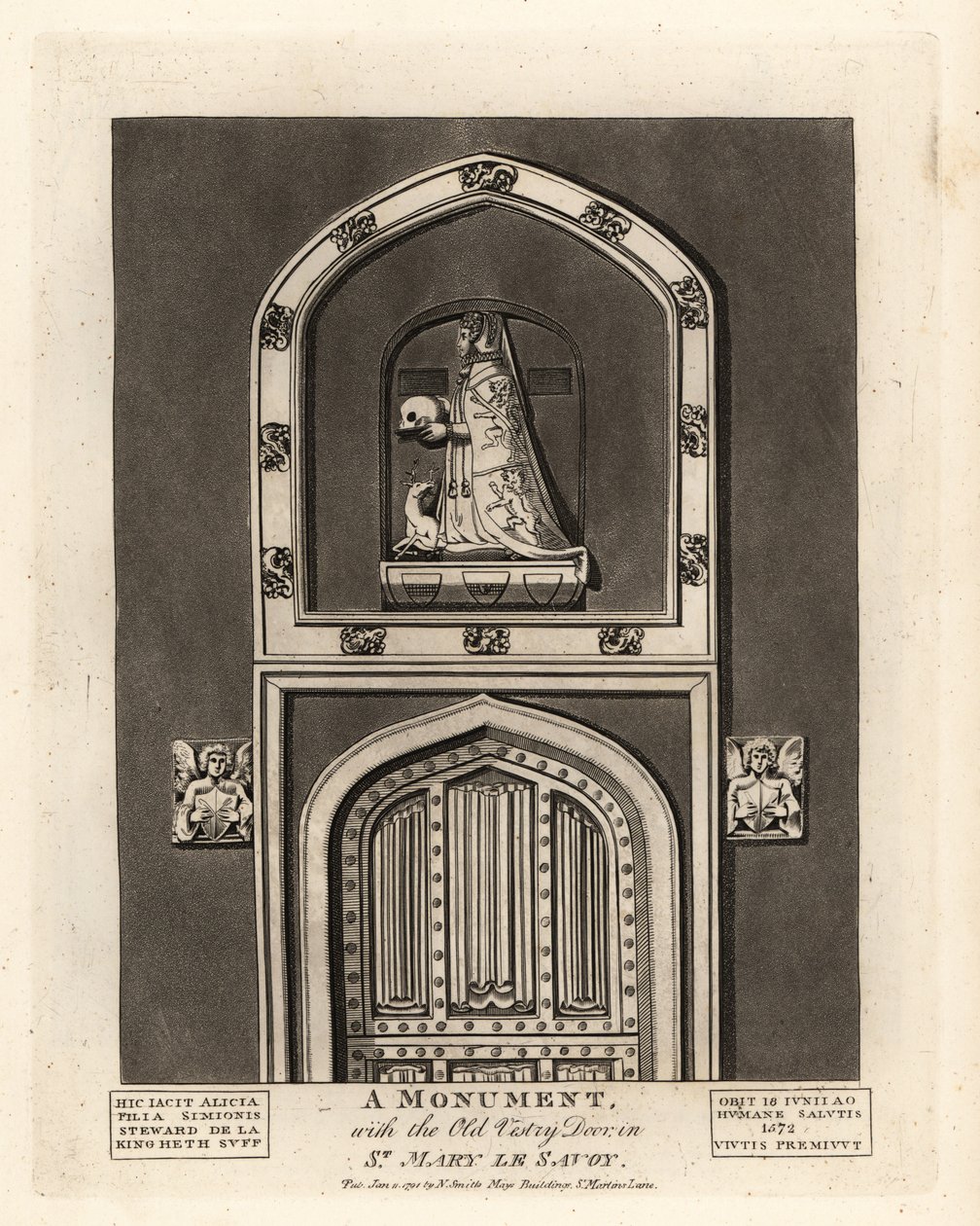 Nagrobny wizerunek Alicji, córki Szymona Stewarda, ze starymi drzwiami zakrystii w St Mary le Savoy autorstwa John Thomas Smith