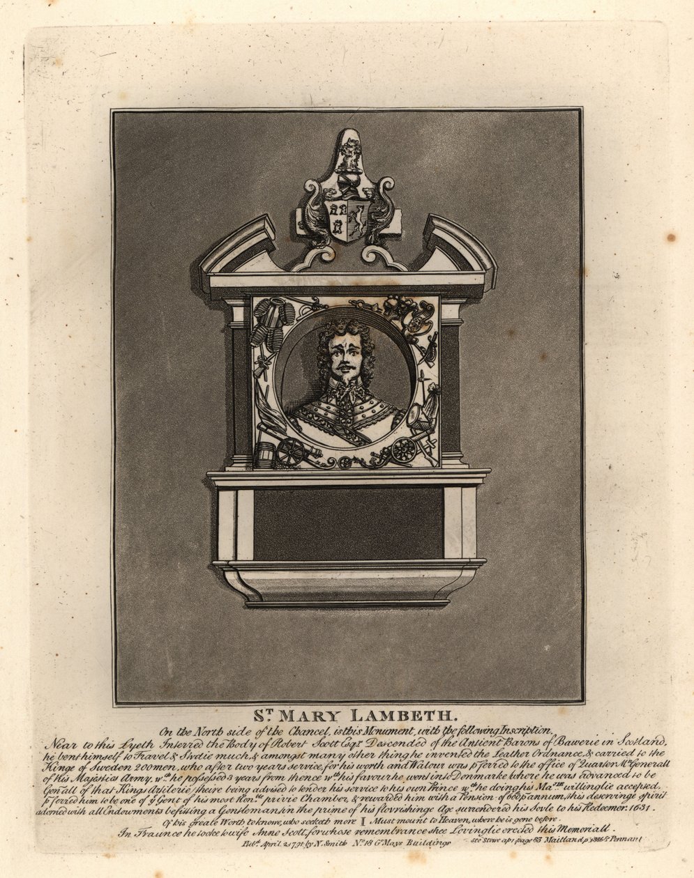 Nagrobek Roberta Scotta, oficera armii szwedzkiej i duńskiej oraz wynalazcy wojskowego, zmarłego 1631, St Mary Lambeth autorstwa John Thomas Smith