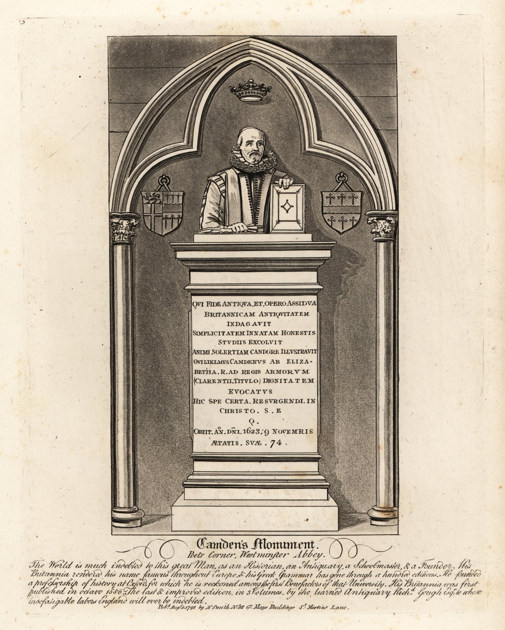 Pomnik nagrobny elżbietańskiego antykwariusza i herolda Williama Camdema, zm. 1623, w Poets Corner, Westminster Abbey autorstwa John Thomas Smith
