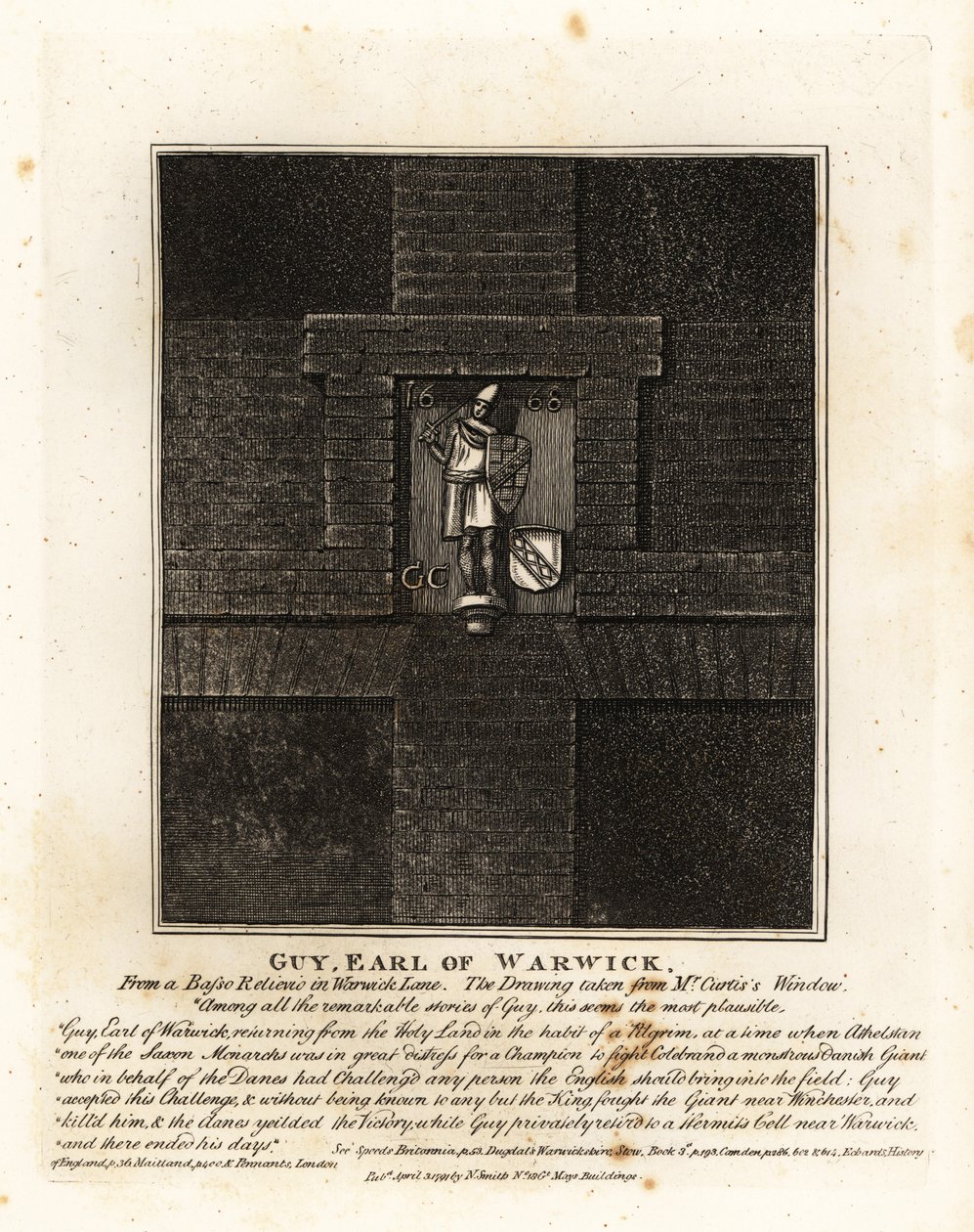 Guy, hrabia Warwick, z basso-relievio na Warwick Lane autorstwa John Thomas Smith