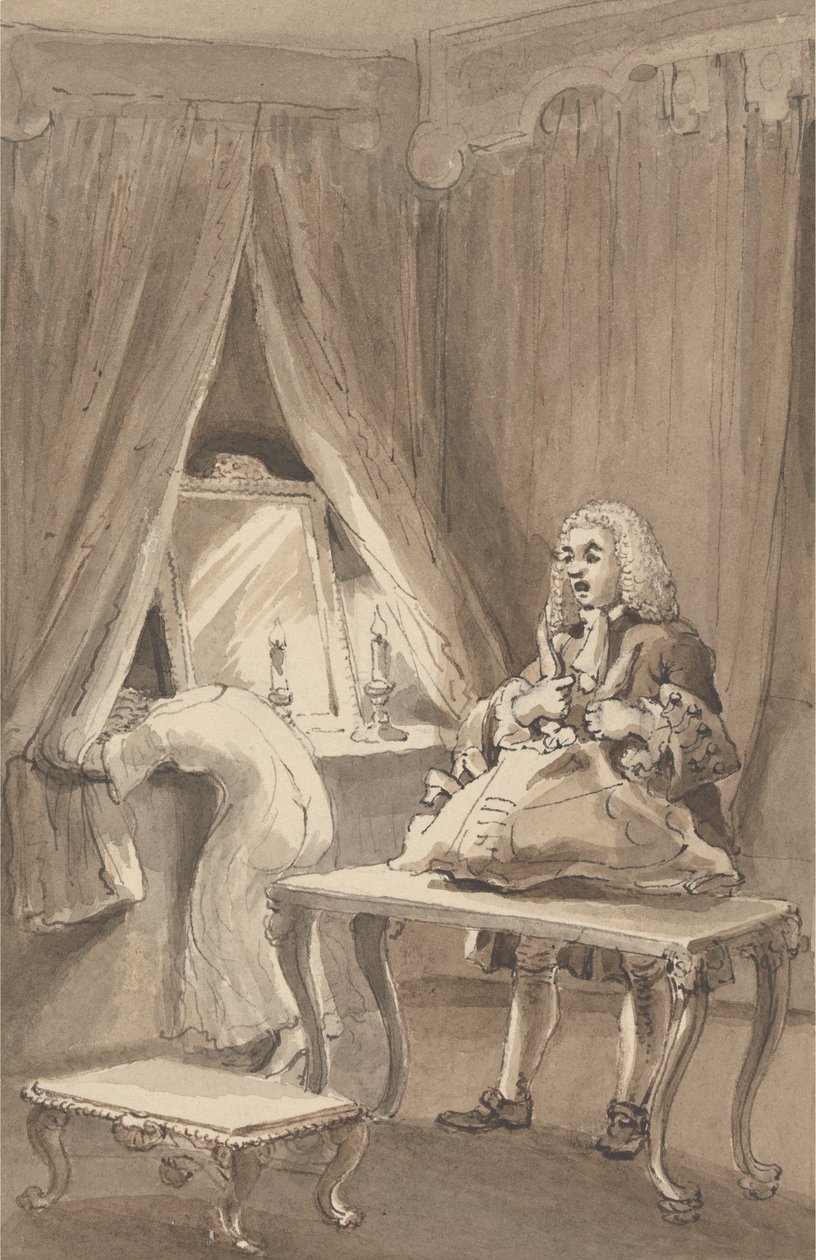 Hogarth po tym, jak jego żona włożyła nową koszulę nocną, zawiązuje swoje rzeczy, aby wysłać je do Sir Jamesa Thornhilla z listem, w którym powiedział mu: „Zabrał swoją córkę bez fartucha do jej A-e autorstwa John Thomas Smith