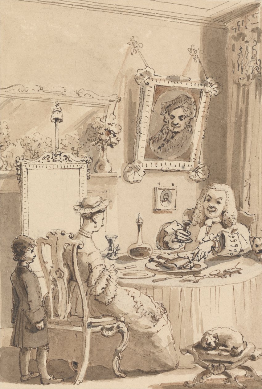 Hogarth pijący pierwszy kieliszek wina z żoną - ich psy zachowujące pełen szacunku dystans autorstwa John Thomas Smith