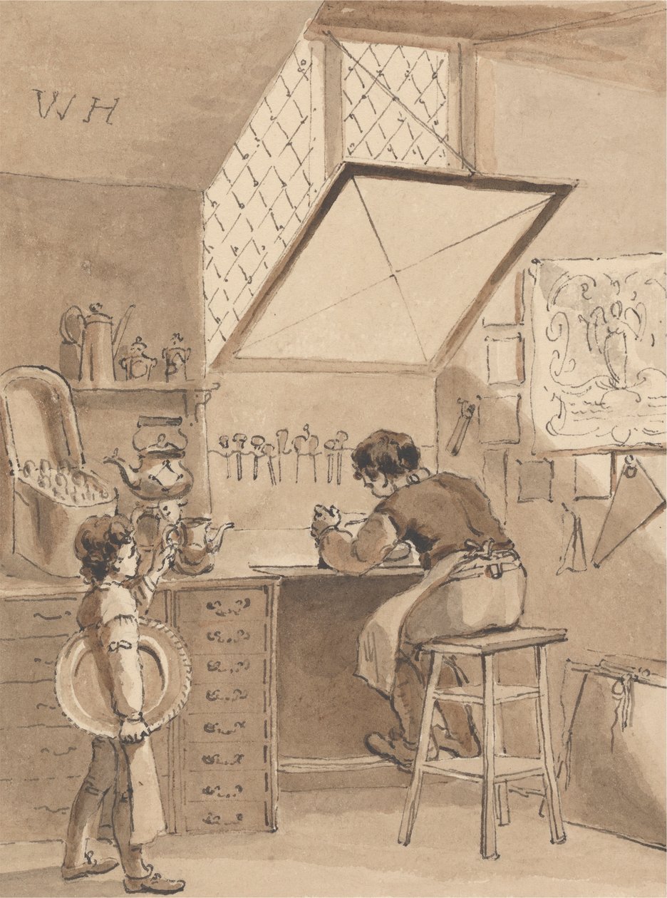 Hogarth graweruje znak anioła na afiszu swojego pana autorstwa John Thomas Smith