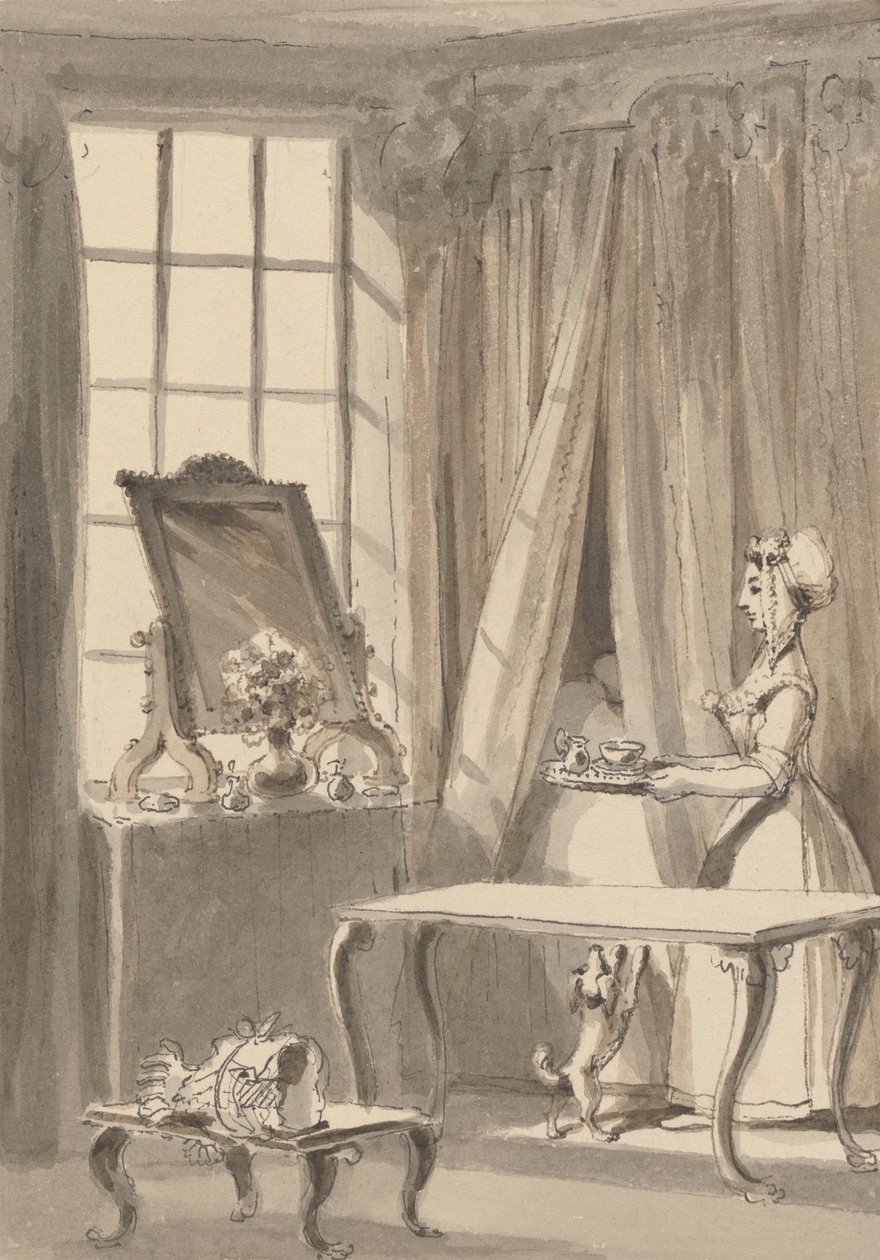 Hogarth zrobił śniadanie i jednocześnie posyła filiżankę swojej żonie, nakazując wpuścić małego psa do sypialni jej pani autorstwa John Thomas Smith