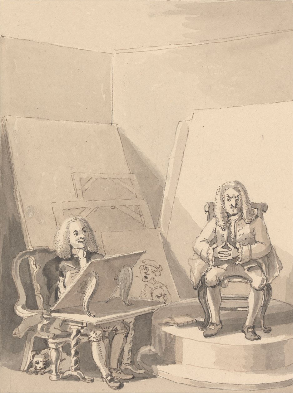 Hogarth wymyślający portret H. Fieldinga dla księgarza na podstawie cech Garricka, który pożyczył jedną z peruk autora w określonym celu, ponieważ nie ma jego prawdziwego portretu autorstwa John Thomas Smith
