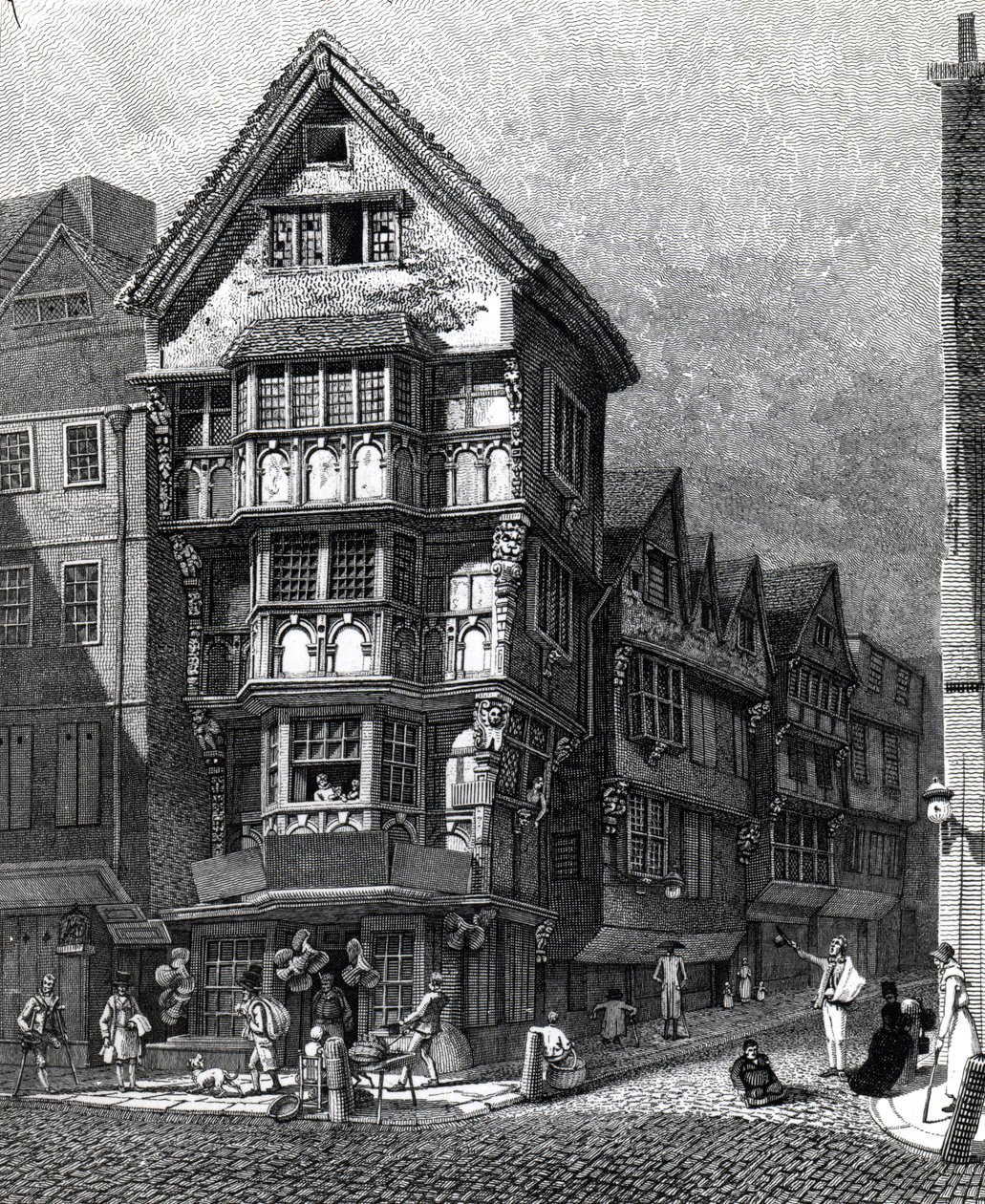 Domy stojące ostatnio na zachodnim rogu Chancery Lane, Fleet Street, opublikowane w 1812 r. autorstwa John Thomas Smith