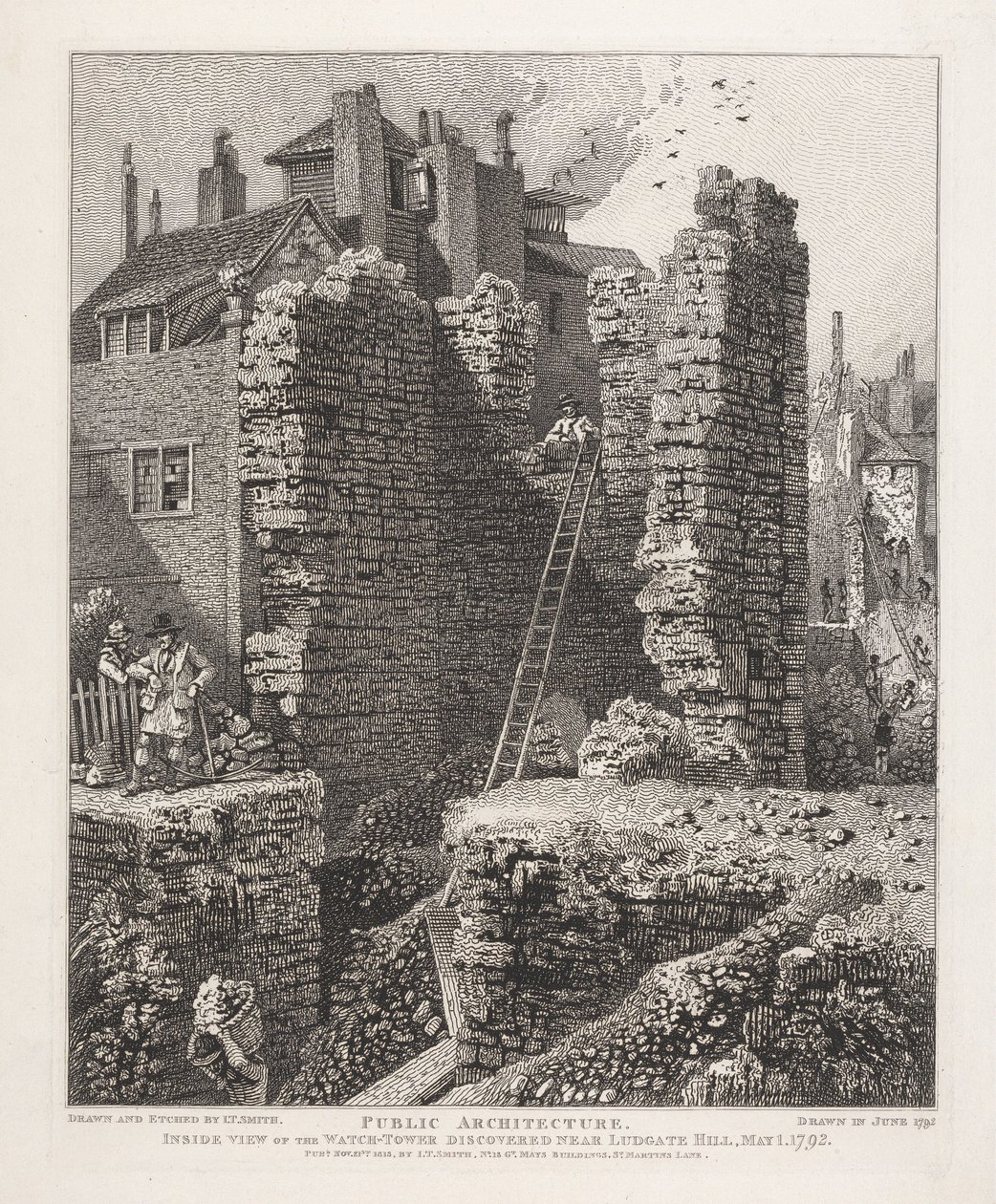 Widok wnętrza wieży strażniczej odkrytej w pobliżu Ludgate Hill, 1 maja 1792 autorstwa John Thomas Smith