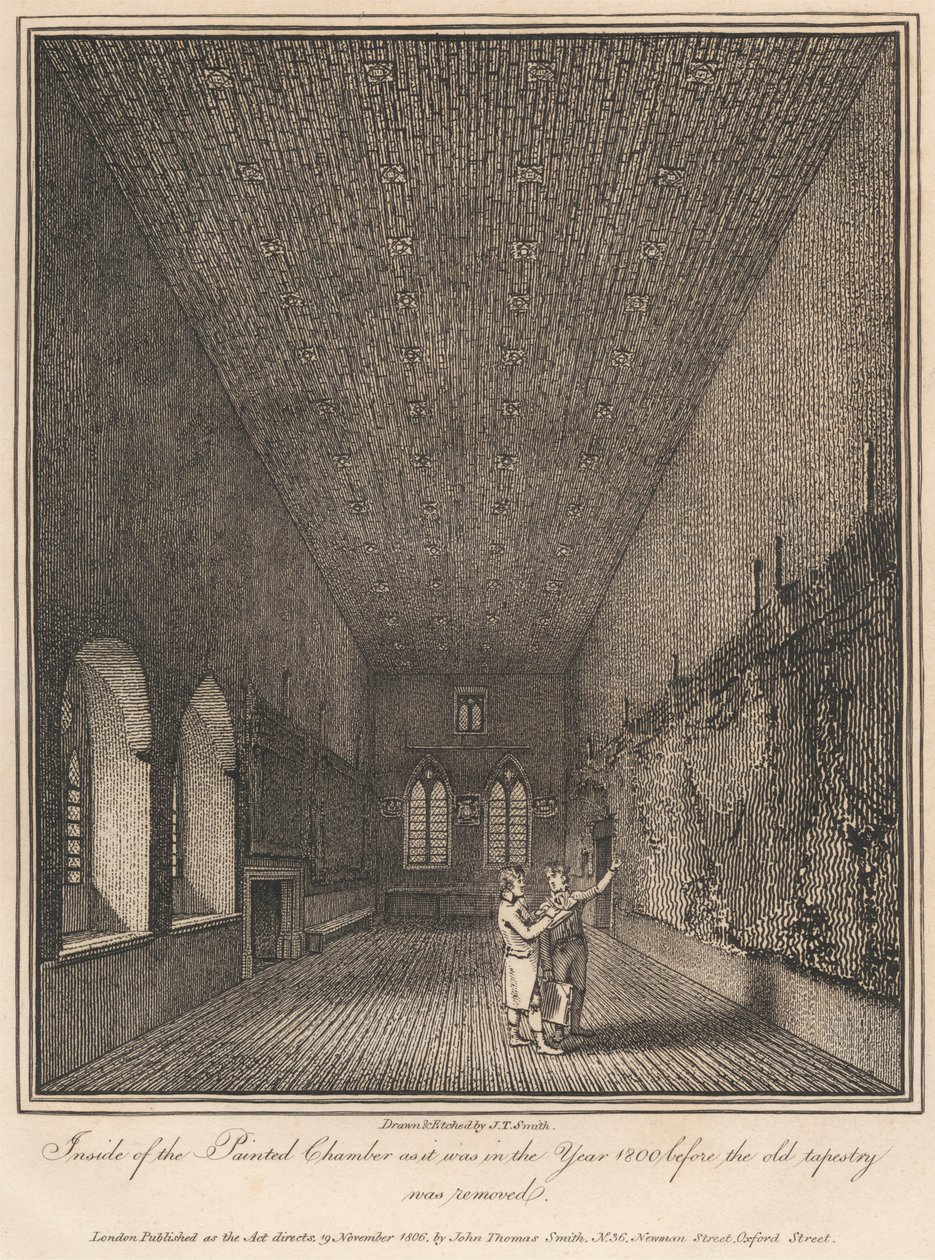 Wewnątrz Malowanej Komnaty, jak to było w roku 1800 przed usunięciem starego gobelinu autorstwa John Thomas Smith