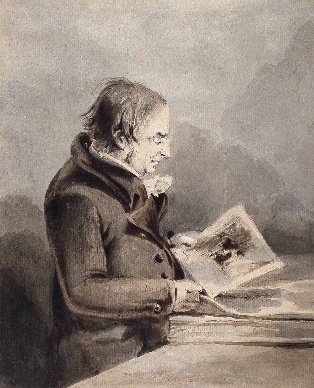 JMW Turner In The British Museum (brązowy i szary tusz rozmywa się po ołówku na białym papierze) autorstwa John Thomas Smith