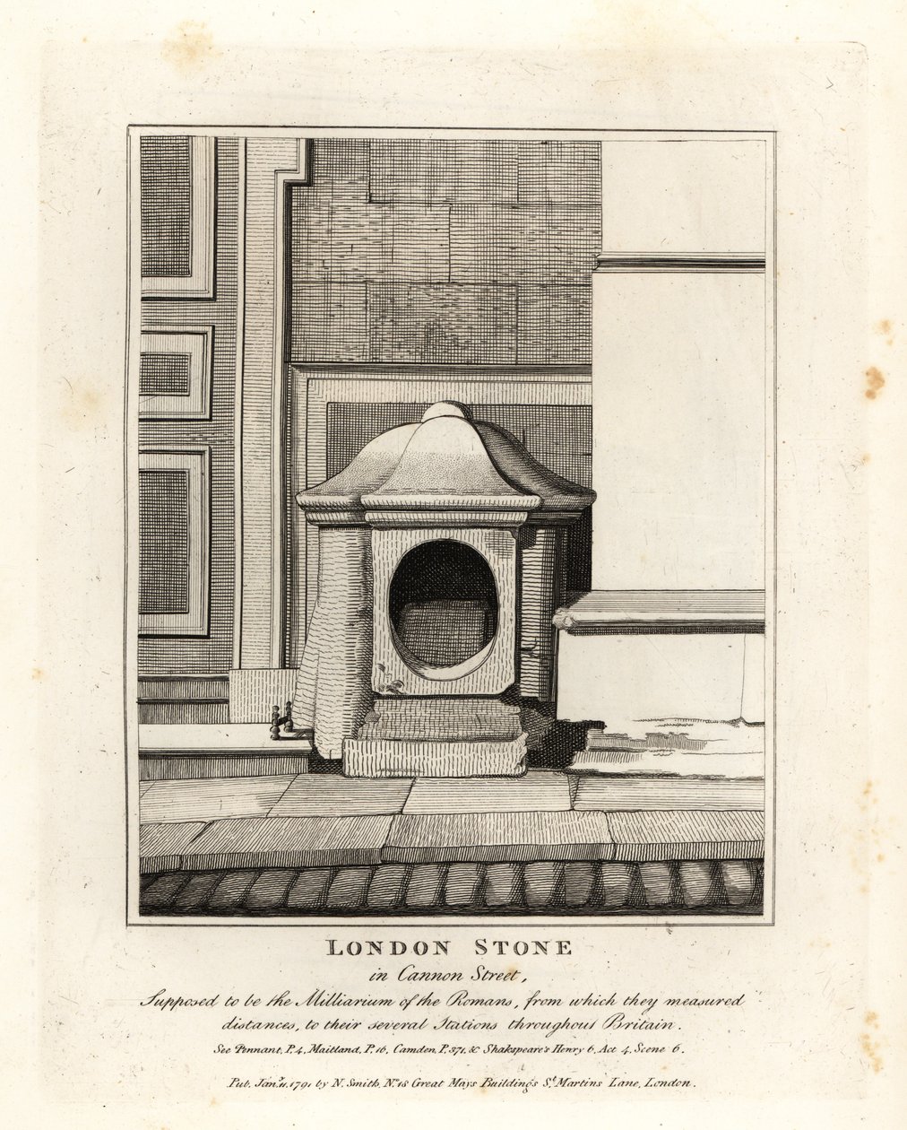 London Stone na Cannon Street, miał być kamieniem milowym lub Milliarium Rzymian autorstwa John Thomas Smith
