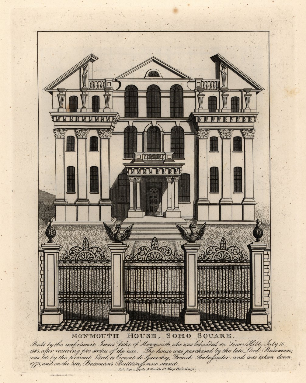 Monmouth House, Soho Square, zburzony 1773 autorstwa John Thomas Smith