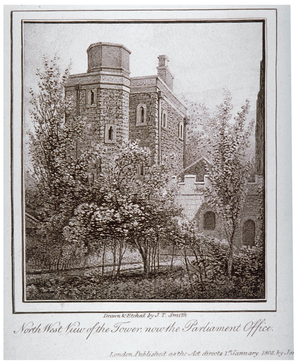 Widok północno-zachodni na Jewel Tower, Old Palace Yard, Westminster, Londyn, c1805 autorstwa John Thomas Smith