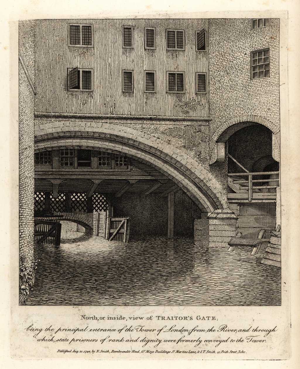 Widok od strony północnej lub wewnętrznej na Bramę Zdrajcy, główne wejście do Tower of London od strony Tamizy autorstwa John Thomas Smith