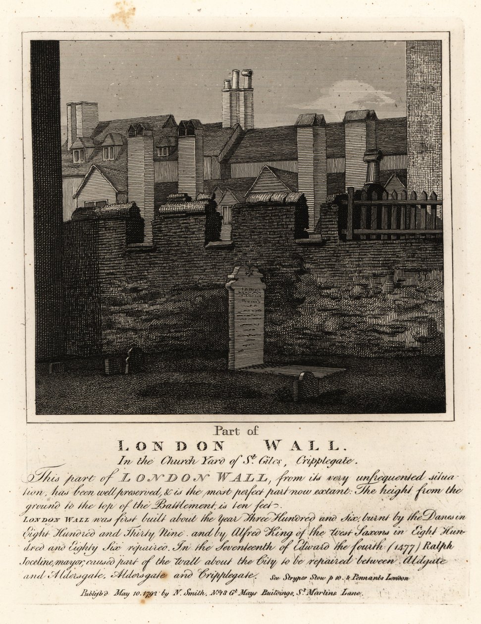 Część starożytnego muru londyńskiego na cmentarzu St Giles, Cripplegate, Londyn autorstwa John Thomas Smith