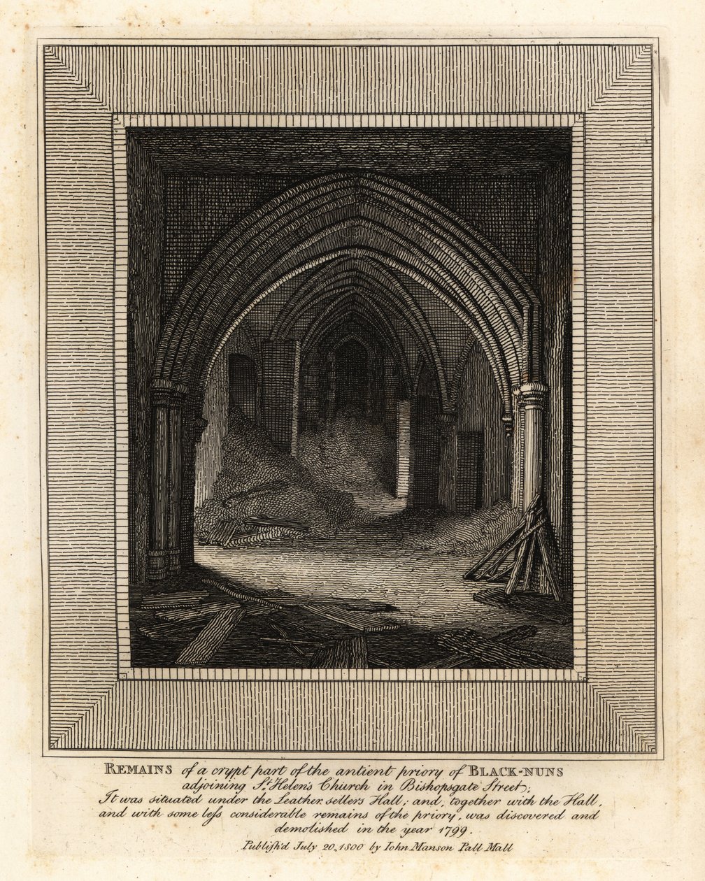 Pozostałości części krypty starożytnego klasztoru Czarnych Zakonnic, przylegającego do kościoła św. Heleny, ulica Bishopsgate autorstwa John Thomas Smith