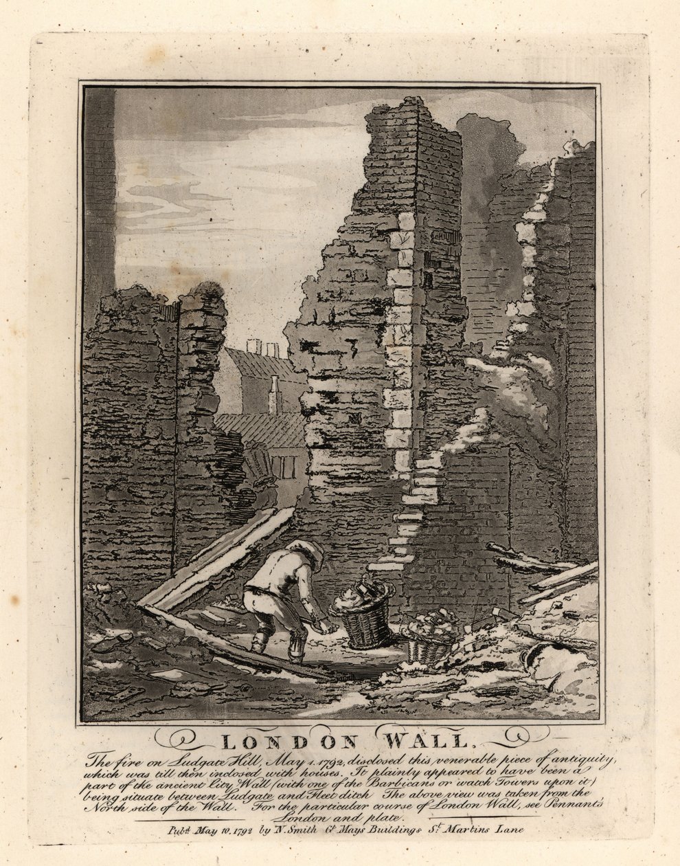Ruiny rzymskiego muru londyńskiego odsłonięte przez pożar w maju 1792 r. na wzgórzu Ludgate autorstwa John Thomas Smith