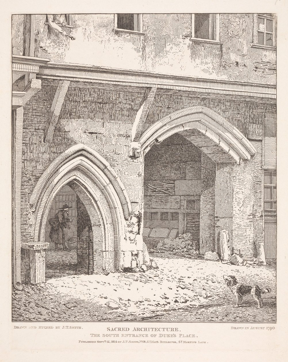 Architektura sakralna: południowe wejście do Dukes Place autorstwa John Thomas Smith