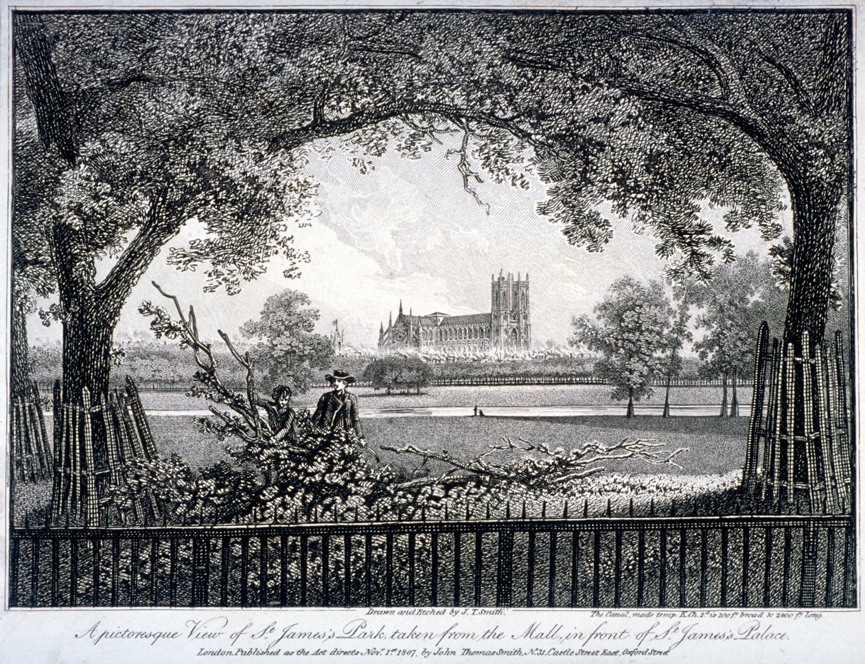 St James Park, z centrum handlowego przed Pałacem św. Jakuba, Westminster, Londyn, 1807 autorstwa John Thomas Smith