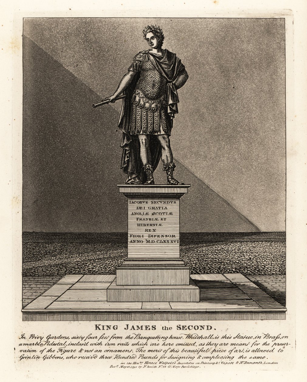 Statua króla Anglii Jakuba II w kostiumie cesarza rzymskiego, Jacobus Seundus, zaprojektowana przez Grinlina Gibbonsa, w Tajnych Ogrodach autorstwa John Thomas Smith