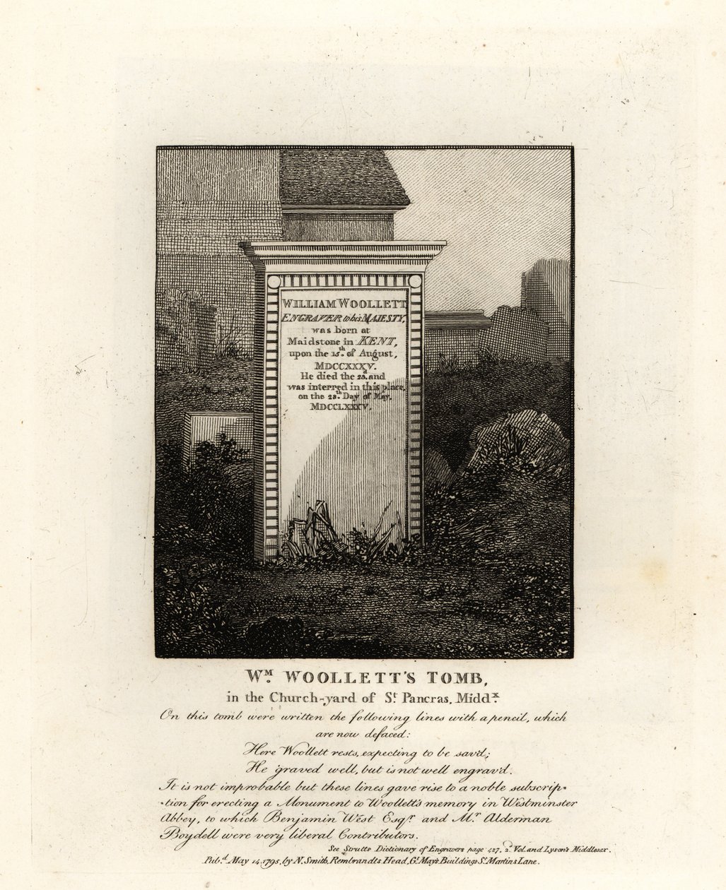 Grób królewskiego rytownika Williama Woolletta, zmarłego w 1735 r., na cmentarzu w St Pancras, Middlesex autorstwa John Thomas Smith