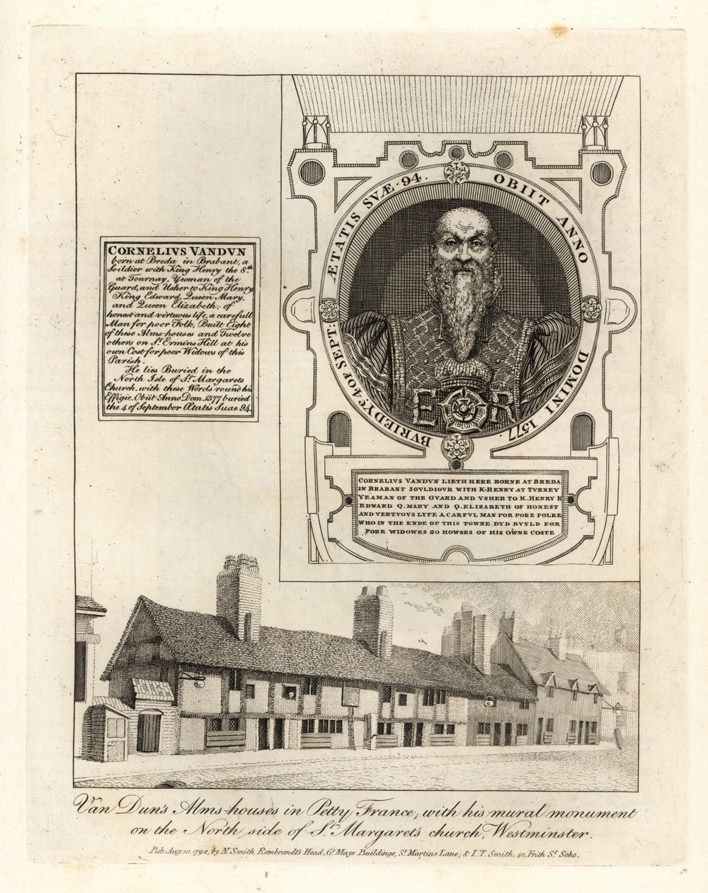 Przytułki Van Duna w Petty France, z jego muralem w kościele św. Małgorzaty w Westminster autorstwa John Thomas Smith