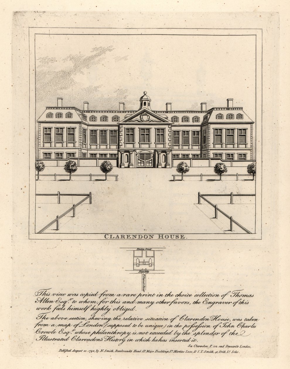 Widok Clarendon House od strony St James’ Street, z rzadkiej grafiki w kolekcji Thmoasa Allena autorstwa John Thomas Smith
