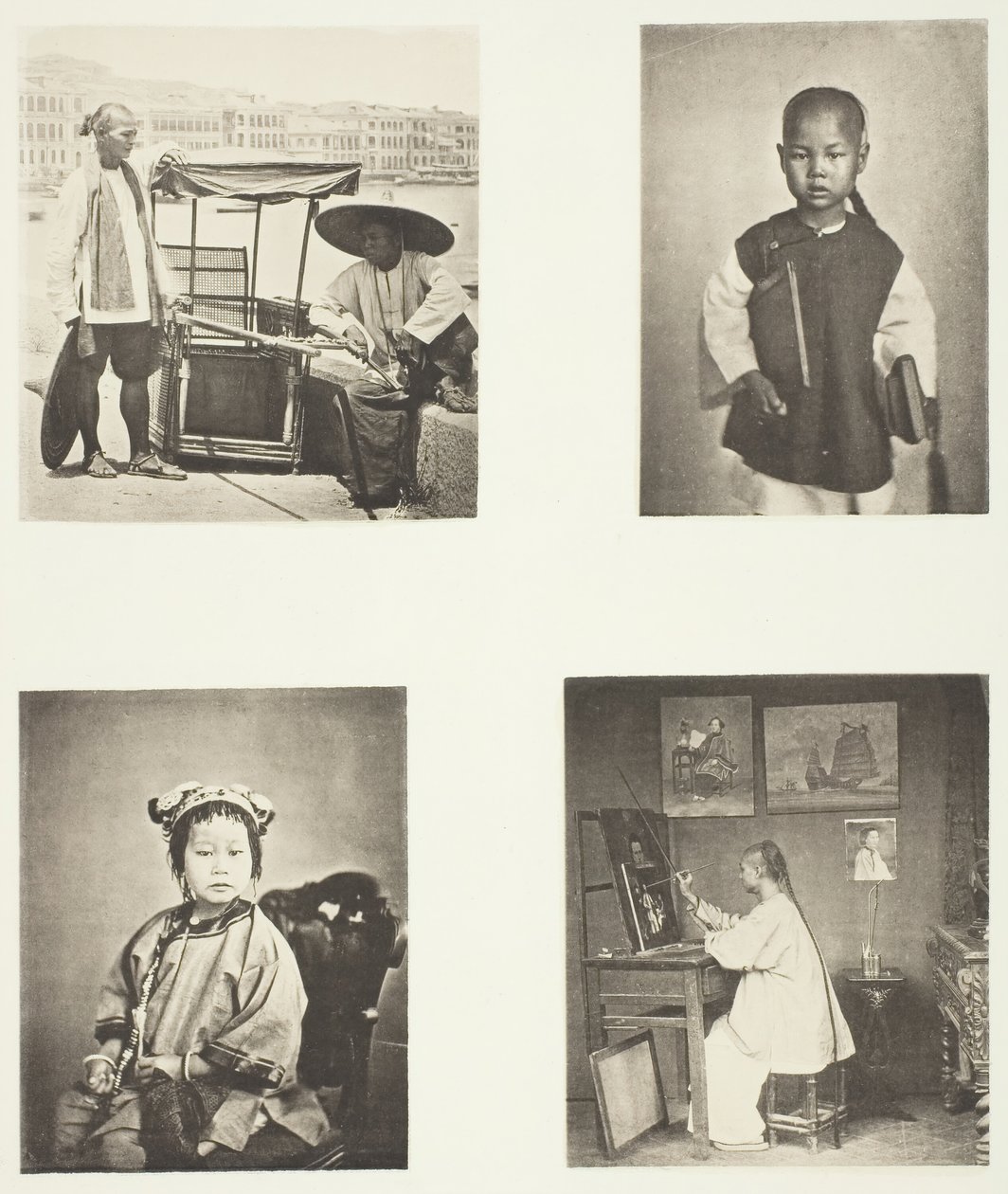 Krzesło sedan z Hongkongu, uczeń chińskiej szkoły, dziewczyna Chinka, artysta z Hongkongu, ok. 1930 r. 1868. autorstwa John Thomson
