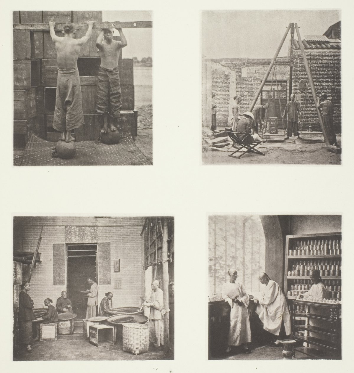 Walcowanie pachnących herbat Caper i Gunpowder; Ważenie herbaty na eksport; Herbaciarnia w Kantonie; Sala degustacji herbaty w Kantonie autorstwa John Thomson