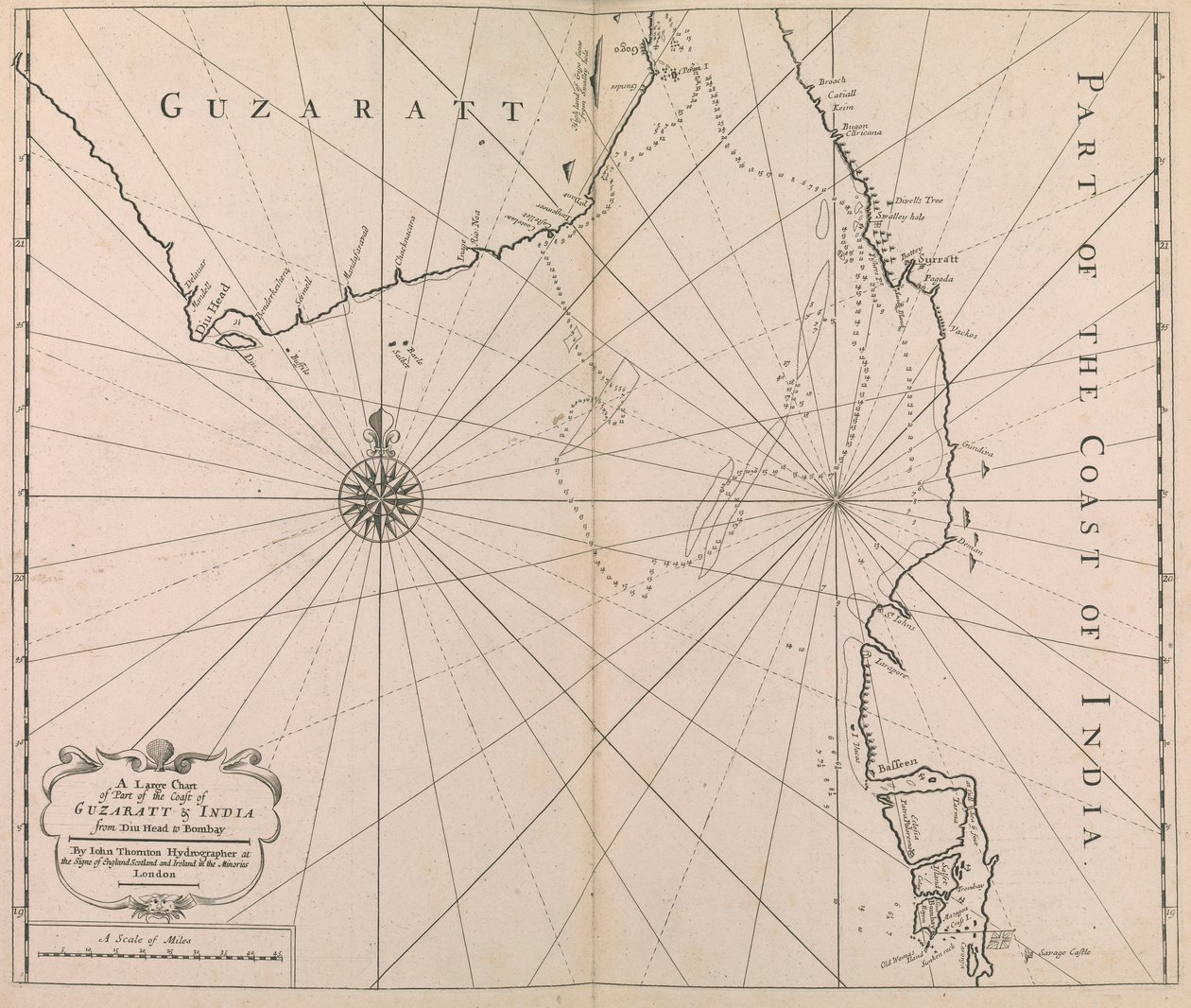 A Large Chart of Part of the Coast of GUZARATT  INDIA from Diu Head to Bombay. (druk) autorstwa John Thornton